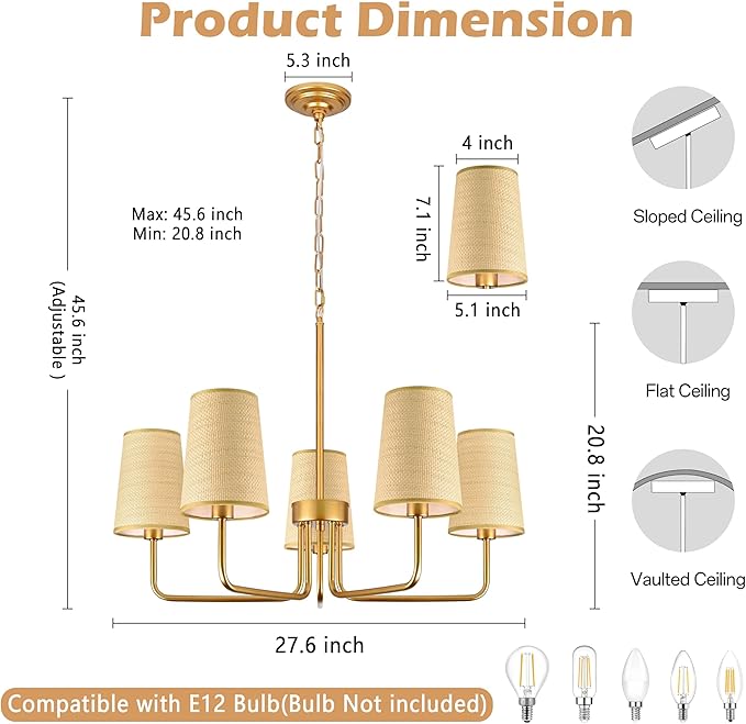 28" Gold Boho Rattan Chandelier for Living Room 5-Light Coastal Farmhouse Chandeliers for Dining Room Adjustable Rustic Boho Pendant Light Fixture Bedroom Kitchen Island Entryway Foyer