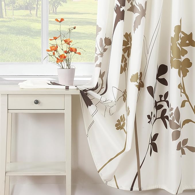 Floral Fabric Shower Curtain, Beige Brown Grey Plant Shower Curtains for Bathroom, Waterproof Bathroom Curtains, 72" W x 72" H
