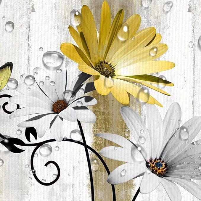 Rustic Farmhouse Shower Curtain, Farm Yellow Daisy Floral Flowers and Butterfly on Country Wooden Shower Curtain for Bathroom, Yellow Bathroom Shower Curtains with 12PCS Hooks, 48X70IN