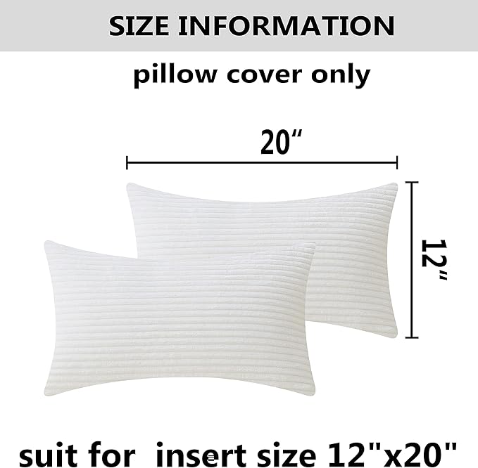 Home Brilliant Rectangle Pillow Covers 12x20 inch Striped Corduroy Solid Cushion Covers Oblong Pillowcases for Sofa Kids Toddler, 12 x 20 inch, Creamy White