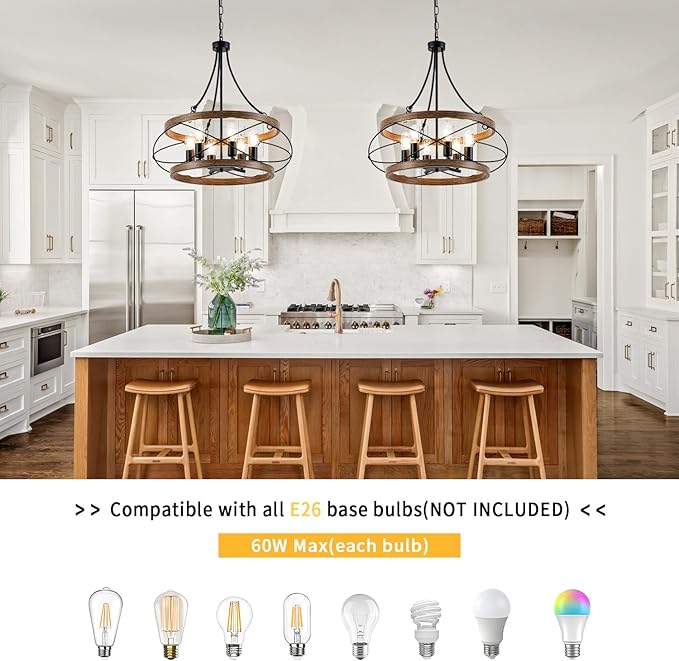 6-Light Farmhouse Chandelier, 23.62" Rustic Drum Dining Room Light Fixture, Vintage Wood Finish Metal Hanging Pendant Lighting, Industrial Candle Chandeliers for Living Room Kitchen Entryway Bedroom