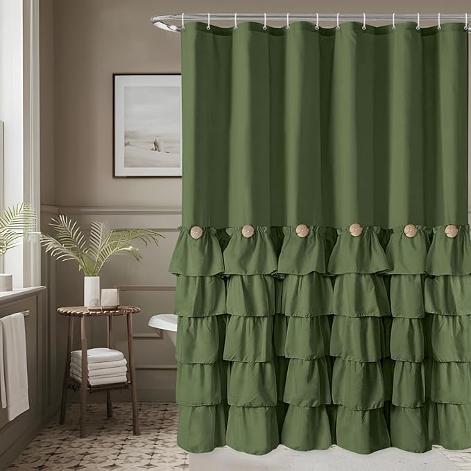 Seasonwood Sage Green Shower Curtain for Bathroom Cute Ruffle Shower Curtain 72 X 72 Inches Farmhouse Shower Curtains with Buttons & Green Ruffles