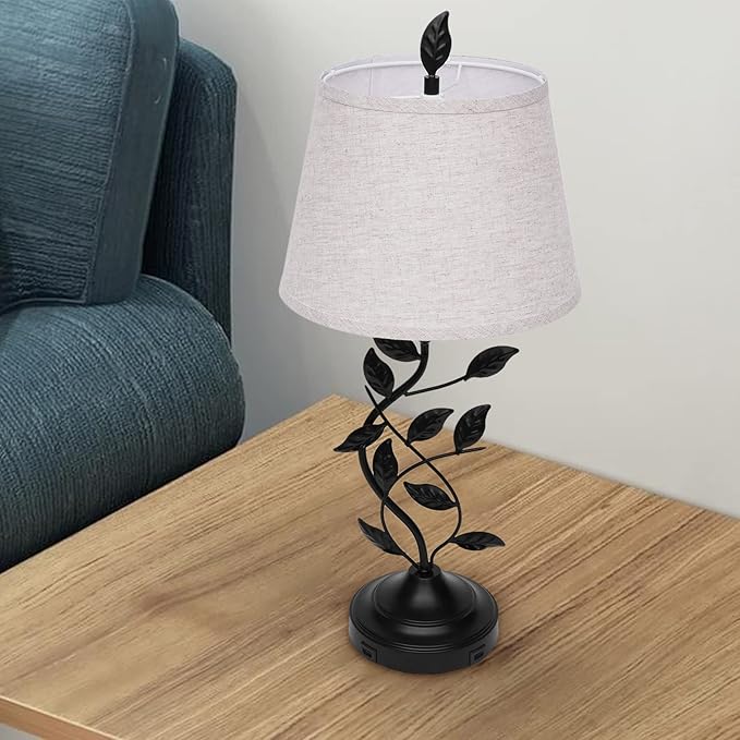 Eapmic Table Lamp with USB Ports,Bedside End Table Lamp Traditional Nightstand Desk Lamp Large Retro Leaf Lamp for Living Bedroom Office (Retro)