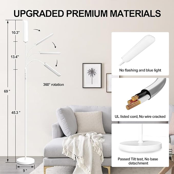White Floor Lamp, 18W 1800LM Bright LED Floor Lamps for Living Room Bedroom, Dimmable Timing Eye Caring Reading Standing Lamp with Remote & Works with Smart Plug