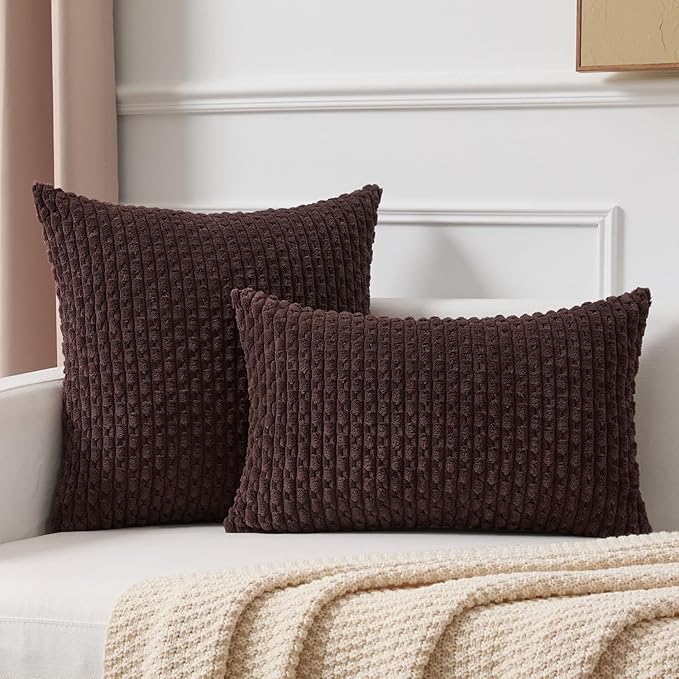 Kevin Textile Decorative Pillow Covers Set of 2 Striped Plush Corduroy Rectangle Lumbars Boho Home Decor Cushion Covers for Couch Sofa Bed Living Room 12x20 Inch, Coffee