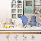 Romswi Ceramic 18Pcs Dinnerware Sets,Stoneware Plates and Bowls Set for 6, Chip & Scratch Resistant Ribbed Dish Set, Handmade Reactive Glaze, Oven, Microwave & Dishwasher Safe, Cappuccino White