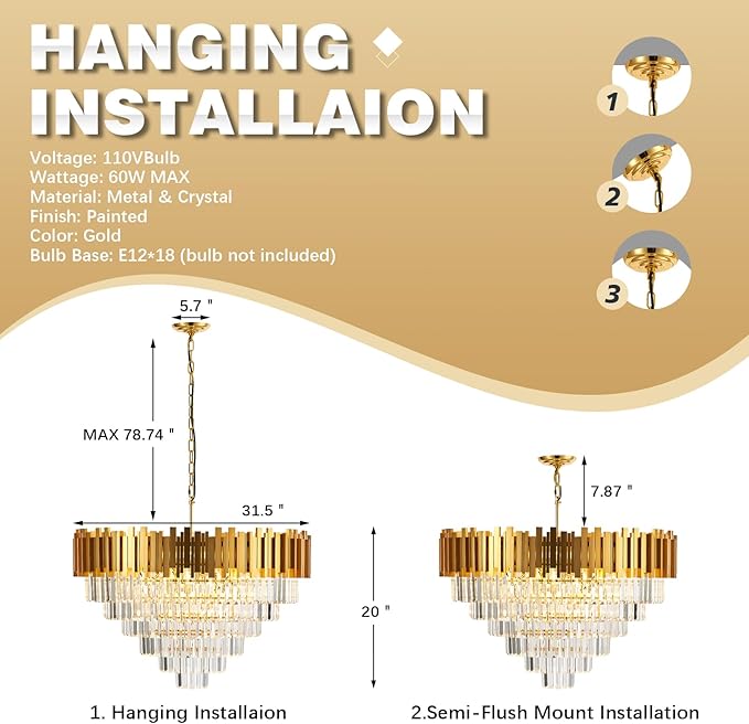 18-Lights 6 Tiers Gold Crystal Chandeliers Luxury 31.5" Modern Crystal Pendant Chandelier Round Hanging Lighting for Living Room Foyer High Ceiling Bedroom Restaurant