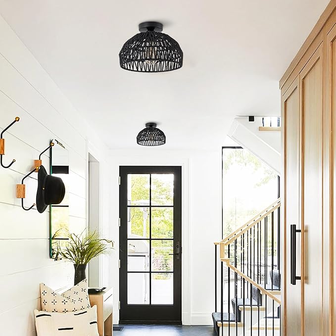 Black Rattan Ceiling Light Fixtures Boho Chandelier Small Woven Flush Ceiling Mount Lighting Fixture Close to Ceiling Light for Bedroom Kitchen Entryway Nursery Lights Hallway