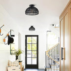 Black Rattan Ceiling Light Fixtures Boho Chandelier Small Woven Flush Ceiling Mount Lighting Fixture Close to Ceiling Light for Bedroom Kitchen Entryway Nursery Lights Hallway