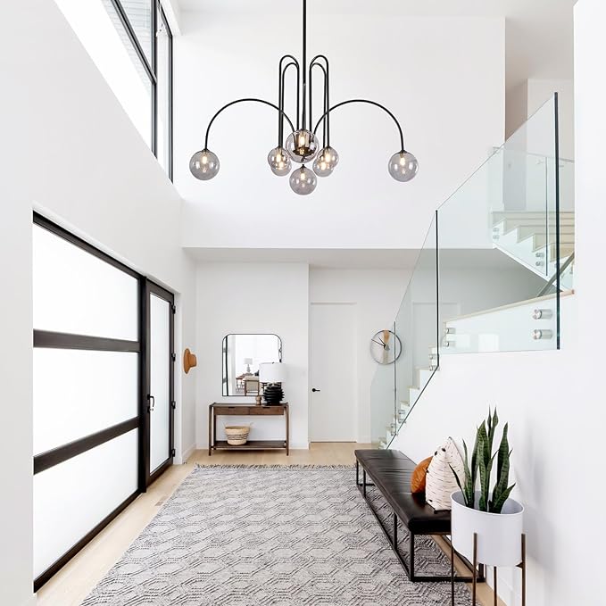 8 Lights Modern Sputnik Chandelier Large Luxury L41” Black Mid Century Smoke Glass Globe Ceiling Pendant Lighting Contemporary for Foyer Staircase Living Dining Room Kitchen