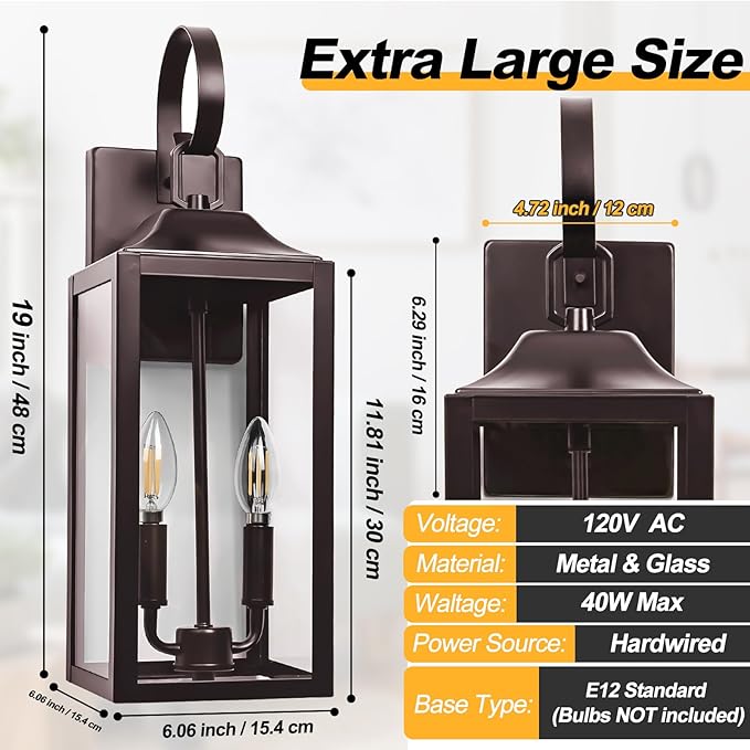 19" Oil Rubbed Bronze Outdoor Wall Lantern 2-Light, Large Modern Wall Sconce Light Fixture, Brown Porch Light with Glass, Waterproof Farmhouse Exterior Lamp Lighting