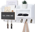 Mail and Key Holder – Wall Mount Key Hanger with Shelf and 7 Metal Hooks – Decorative Natural Paulownia Wood Entryway Organizer with Mounting Hardware (16.5”W x 8.7”H x 3.5”D) (White)