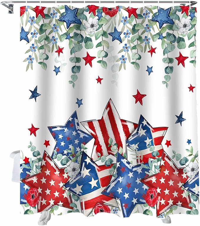 4th of July Shower Curtain, Patriotic Stars Stripes Shower Curtains Set with Hooks, Eucalyptus Leaves Independence Day Waterproof Fabric Bathroom Curtains Decor Accessories, Stall Long 54 X 78 Inch