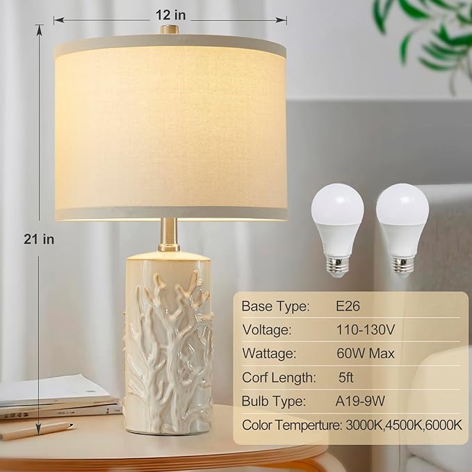 Luvkczc Modern Ceramic Table Lamps Set of 2 for Living Room White Desk Lamps for Bedroom Decor Farmhouse Table Lamp nightstand lamp for Office Dorm