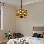Antique Dining Room Light Fixture, 4-Light Rattan Pendant Light with Drum Shade, Adjustable Woven Wicker Ceiling Hanging Light, Farmhouse Boho Chandelier for Living Room Kitchen Island