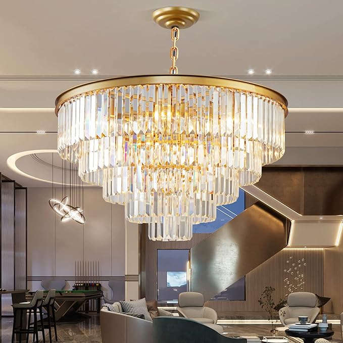 Gold Modern Crystal Chandelier, 5-Tier Round Flush Mount Ceiling Light Fixtures Height Adjustable Pendant Lighting for Dining Room Living Room Bedroom Kitchen Hotel Foyer