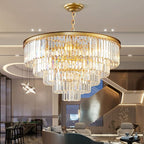 Gold Modern Crystal Chandelier, 5-Tier Round Flush Mount Ceiling Light Fixtures Height Adjustable Pendant Lighting for Dining Room Living Room Bedroom Kitchen Hotel Foyer