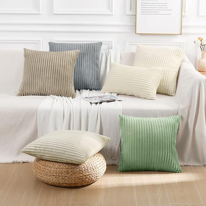 Simmore Decorative Fall Throw Pillow Covers 18x18 Set of 2, Soft Natural Plush Flannel Double-Sided Fluffy Couch Pillow Covers for Sofa Living Room, Beige