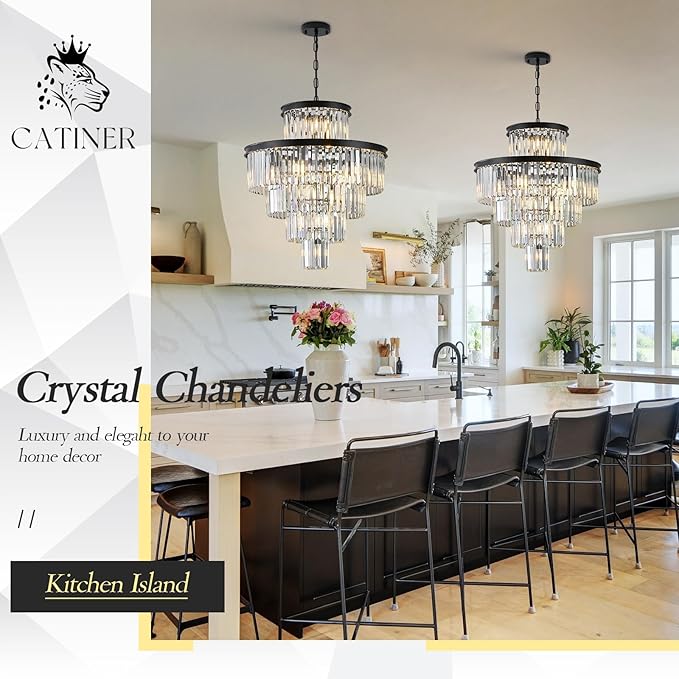 24" Modern Crystal Chandelier 15 Lights Black Pendant Light Fixture Luxury 5-Tier K9 Crystals Chandelier Contemporary Round Pendant Lighting for Dinning Room Living Room Foyer Kitchen
