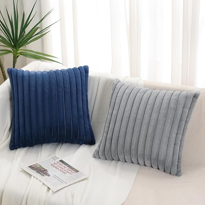 Pallene Faux Fur Plush Throw Pillow Covers 22x22 Set of 2, Luxury Soft Fluffy Striped Decorative Pillow Covers for Sofa, Couch, Living Room, Navy Blue