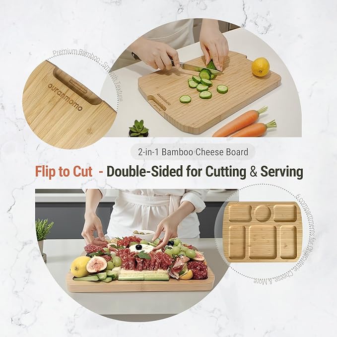 Portable Charcuterie Board with Lid - Extra Large to Go & Traveling Covered Tray for Picnic, Camping, Leak-Proof Bamboo Cheese Board with Compartments & Cheese Knives, Flip to Cut, Gift for Women