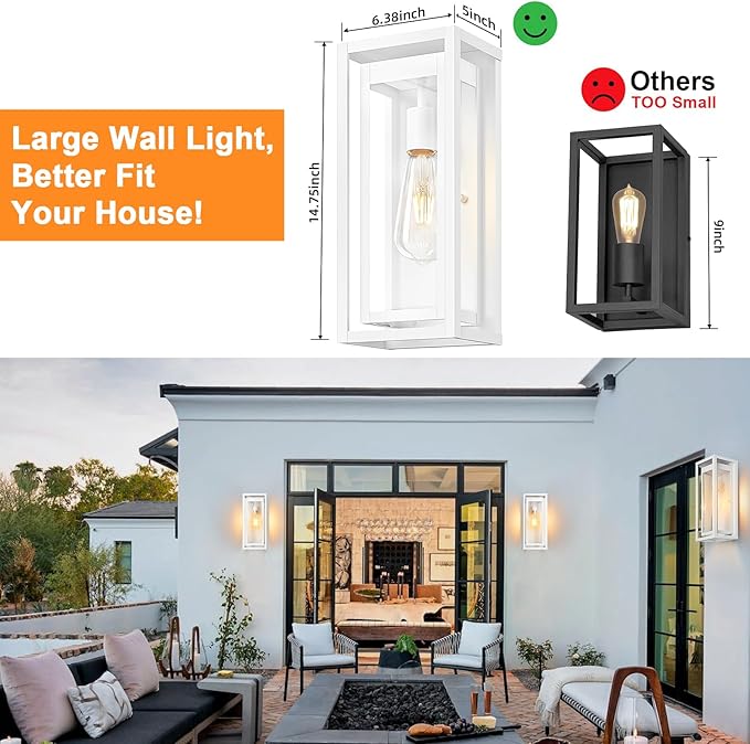 15" Large Outdoor Light Fixture Wall Mount, White Outdoor Sconce Lights, Modern Waterproof Exterior Porch Lights with Clear Glass Shade for Front Door, Garage, 1 Pack