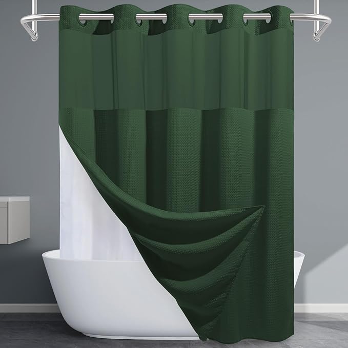 Dark Green Shower Curtain and Liner Set - 230GSM Waffle Weave Textured Heavy Duty,Hotel Luxury Weighted Bath Curtain,71W x 74H