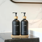 Black Soap Dispenser Bathroom Set, Bamboo Pumps & Tray, Hand Soap, and Lotion Dispenser Set Suitable for Bathroom Counter Decor. (Black)