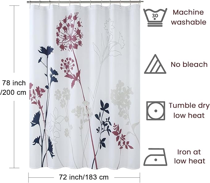 Long Fabric Shower Curtain, White and Burgundy Floral Shower Curtain, Blue and Grey Plant Shower Curtains for Bathroom, Waterproof Bathroom Curtains, 72" W x 78" H