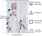 Long Fabric Shower Curtain, White and Burgundy Floral Shower Curtain, Blue and Grey Plant Shower Curtains for Bathroom, Waterproof Bathroom Curtains, 72" W x 78" H
