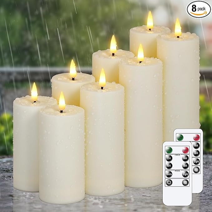Flameless Waterproof 2.2" x4" 4" 5" 5" 6" 6" 7" 7" Pillar Candles with Remote Control and Timer, LED Battery Operated Plastic Ivory Pack of 8 Outdoor Flickering Warm Light