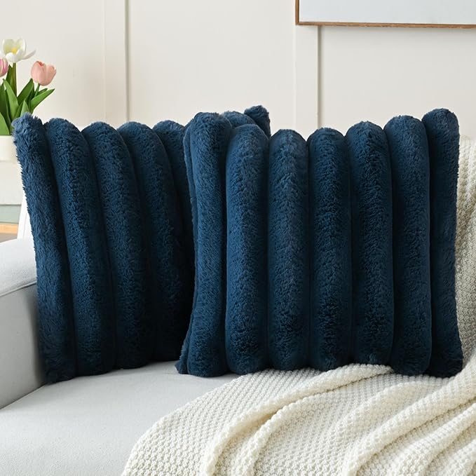 FUTEI Navy Blue Decorative Throw Pillow Covers 26x26 Inch Set of 2, Square Soft Faux Rabbit Fur Big Striped Pillow Sham,Home Decor for Couch Sofa Bed Living Room