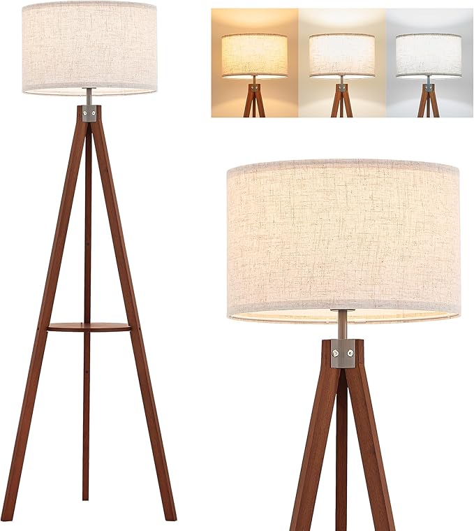ELYONA Mid Century Floor Lamp with 3 Color Temperatures LED Bulb, Modern Wood Tripod Table Reading Standing Light, Wooden Shelf Floor Lamp for Farmhouse Living Room Bedroom Office Linen Shade Brown