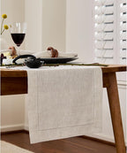 Solino Home Linen Light Natural Table Runner 132 Inches Long - 100% Pure Linen Extra Long Table Runner 14 x 132 Inch for Fall, Autumn, Thanksgiving - Classic Hemstitch