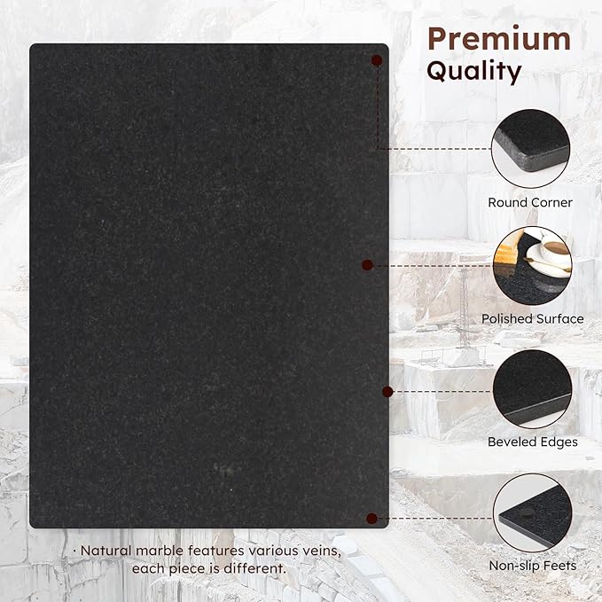 Diflart Natural Stone Cuttings Board for Kitchen, 16x20 Inch, Black, Granite Pastry Slab Large with Non-Slip Feet for Cheese, Charcuterie, Dough, Chocolate, Pack of 1 Piece