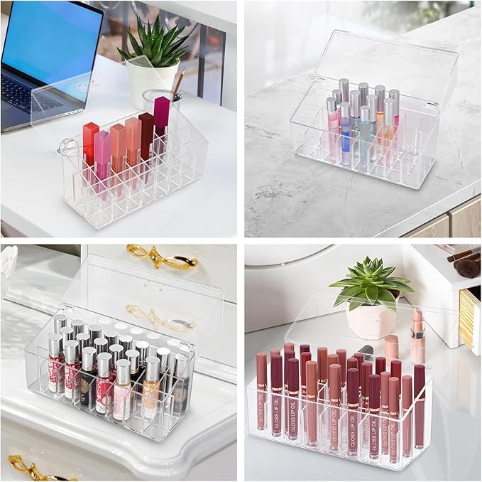 Acrylic Lip Gloss Organizer & Beauty Makeup Holder for Drawer, Cosmetics Pallets Countertop Clear Storage, 24 Space Organization Container Storage for Tall Lip Gloss, Clear