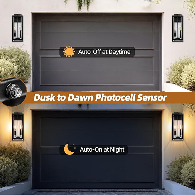 Dusk to Dawn Outdoor Light Fixture 2-Light, Large Outdoor Lantern 16” IP65 Waterproof Exterior Sconce with Photocell Sensor Outside Wall Light for House Front Porch Wall Mounted Lamp, E12