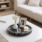 WORHE Natural Marble Vanity Tray for Bathroom Bedroom Kitchen Dresser, Round Decorative Trays for Jewelry, Perfume, Cosmetic, Candle, Countertop Storage Organizer for Home Decor Gray Black (WH017)