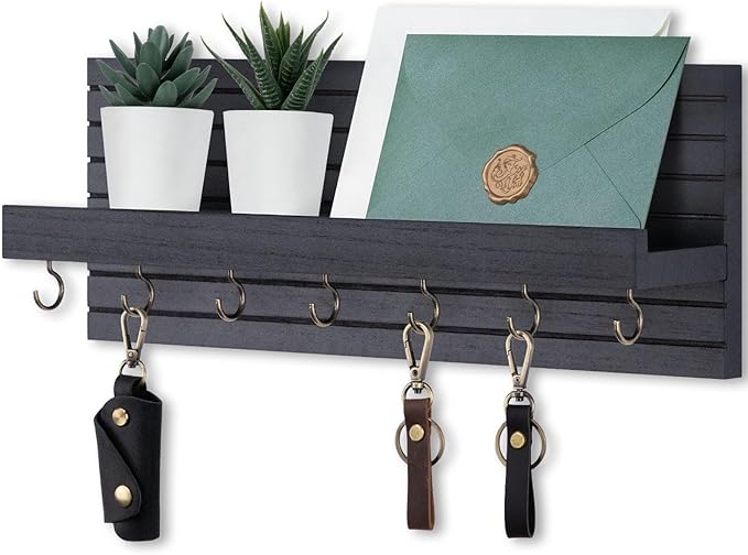 Key Holder Wall Mount, Entryway Mail Organizer with Shelf, Decorative Key Hanger with 7 Hooks Holds Leashes and Glasses, Includes Mounting Hardware (13.8” x 5.3” x 3.2”)
