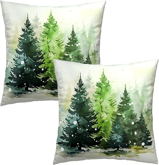 Watercolor Christmas Tree Pillow Cover 18x18 Inch Set of 2,Winter Green Pine Trees Pillow Cotton Square Cushion Case for Sofa Couch Car Bedroom Living Room Decor
