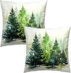 Christmas Tree Throw Pillow Covers 16x16 Set of 2, Winter Green Xmas Trees Snow Woodland Decorative Pillow Cases Cotton Cushion Cover for Couch Sofa Farmhouse Home Decor