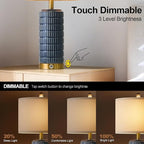 PoKat Touch Bedside Table Lamps with USB Ports for Bedroom, 25'' Dimmable Nightstand Touch Lamps for Living Room, Blue Ceramic Lamps with Gold Base for Night Stands Bedroom, Nursery, Dark Blue
