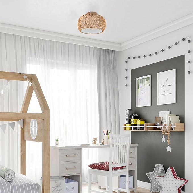 Rattan Chandelier Boho Ceiling Light Fixtures Drum Flush Mount Ceiling Light Small Woven Chandelier for Kitchen Bedroom Hallway Nursery Light Fixture
