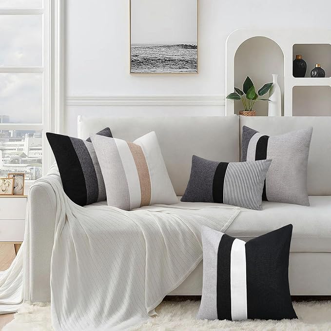 Adabana Stripe Pillow Covers 12x20 Set of 2 Square Patchwork Linen Decorative Lumbar Throw Pillow Covers Modern Farmhouse Decor Pollowcases for Couch Sofa Bedroom,Grey Stripe