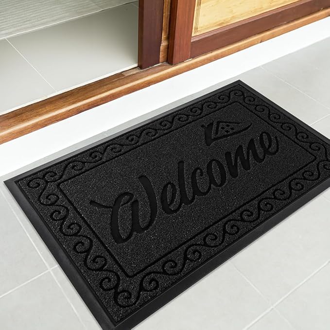 Yimobra Welcome Front Door Mat, Heavy Duty Easy Clean Doormat Indoor Outdoor, Waterproof Quick Dry Floor Mat for Home, Garage, Hign Traffic Areas, Non Slip, Low Profile, 29.5X17 Inches, Black