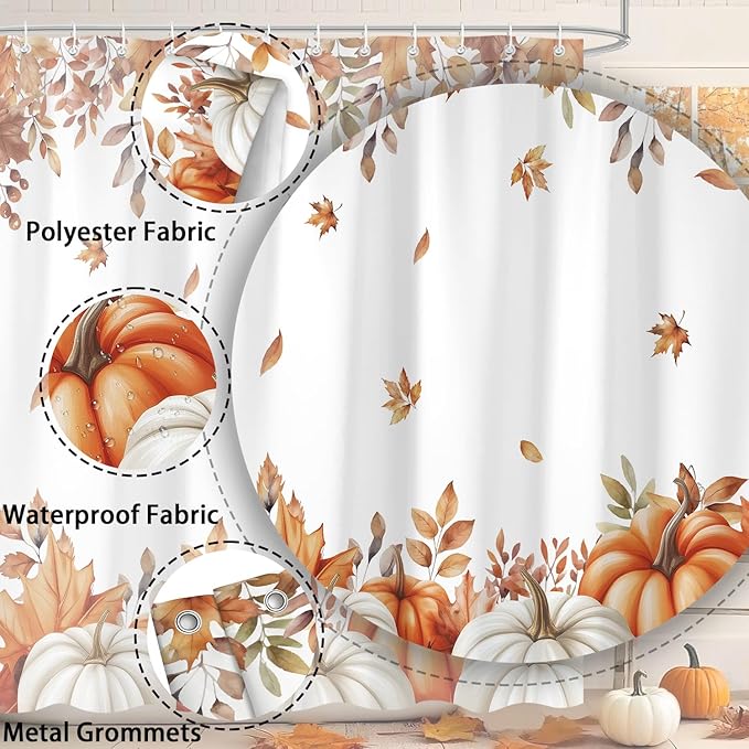 Fall Pumpkins Shower Curtain, Autumn Maple Leaf Leaves Harvest Thanksgiving Farmhouse Bathr Curtains Set,Waterproof Fabric Bathroom Curtains Decor 72 X 72 Inch