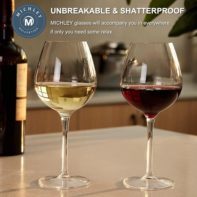 MICHLEY Unbreakable Red Wine Glasses 17 oz, Tritan Plastic Reusable Stemware for Indoor and Outdoor Use, Set of 6