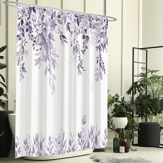 Eucalyptus Shower Curtain, Light Purple Watercolor Leaves with Floral Botanical Bathroom Decor, Waterproof Fabric Bath Curtain Set with Hooks, 72x72 Inches