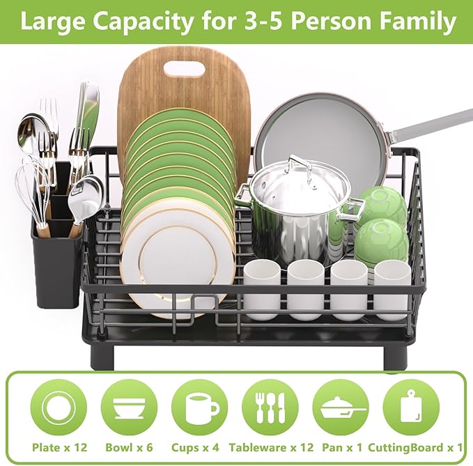 Dish Drying Rack for Kitchen Counter, Stainless Steel Dish Strainer with Detachable Cutlery Holder, Automatic Drainage System, Large Drainers Rack for Home and Appartment