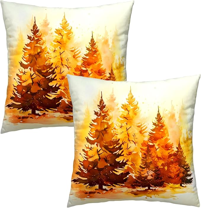Fall Throw Pillow Covers 20x20 Set of 2, Watercolor Orange Trees Forest Autumn Season Farmhouse Decorative Pillow Cases Cushion Cover for Sofa Couch Bedroom Living Room Home Decor